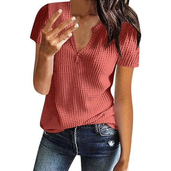 Baqcunre Sweatshirt For Women Women'S Summer Fashion Knit Short Sleeve Tunic Top V Neck Loose Shirt Going Out Tops Womens Blouses Watermelon red L