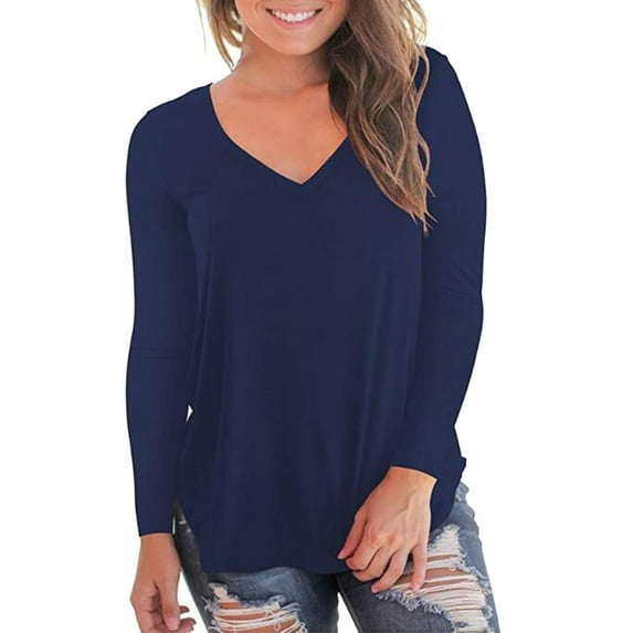 Baqcunre Sweatshirt For Women Womens T Shirts V Neck Long Sleeve Tops Autumn Priming Solid Color Tops For Women 2023 T Shirts For Women Blue 1 XL
