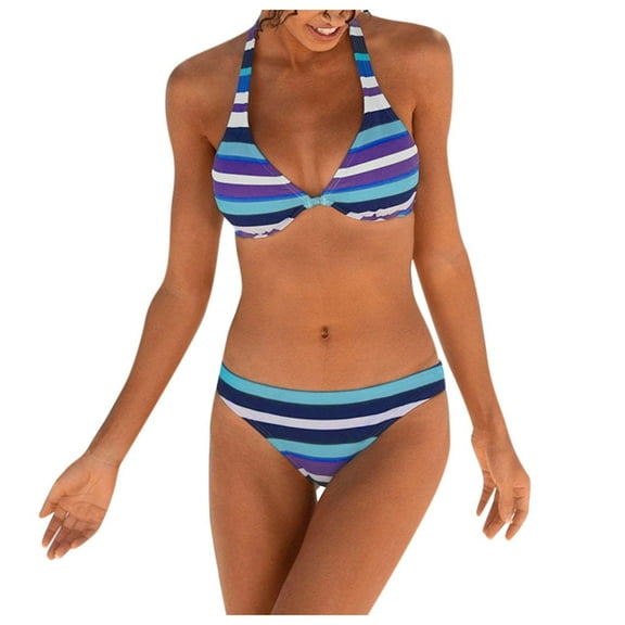 Baqcunre Swim Suits for Women 2024, Women Boho Stripes Halter Push Up Bandeau Bikini Set Two Piece Swimsuits, Bikini Sets for Women, High Waisted Bikini Sets for Women Blue XL