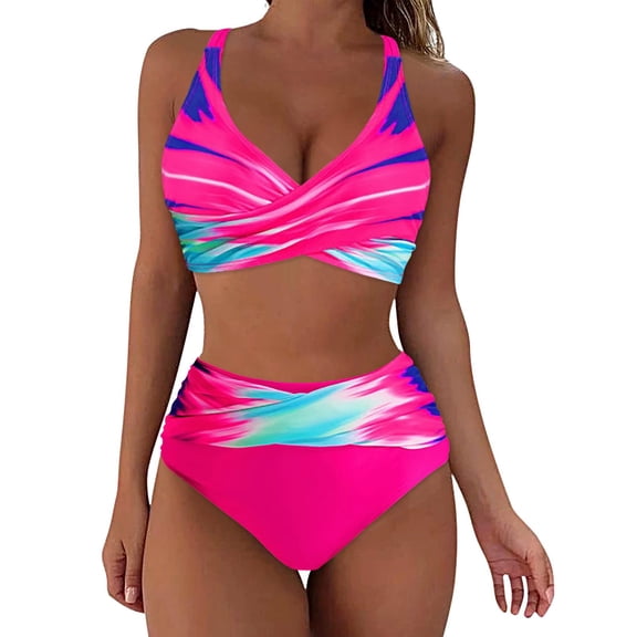 Baqcunre Swim Suits for Women 2024, Ladies Design Gradient Print High Waist Swim Bottoms Two Piece Bikini Swimsuit, Bikini Sets for Women, High Waisted Bikini Sets for Women Hot Pink L