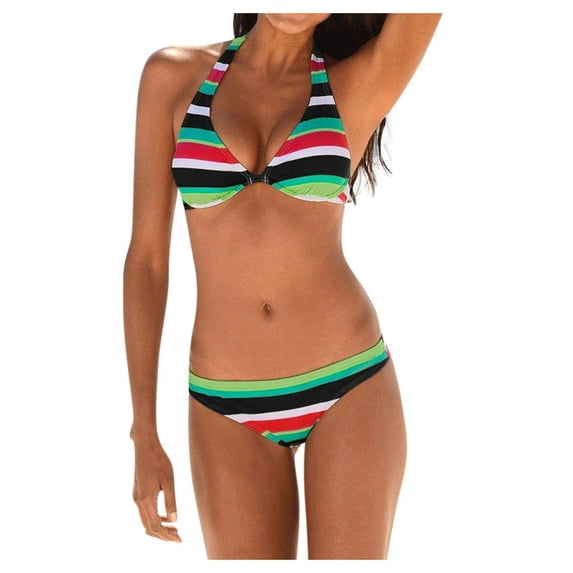 Baqcunre Swim Suits for Women 2024, Women Boho Stripes Halter Push Up Bandeau Bikini Set Two Piece Swimsuits, Bikini Sets for Women, High Waisted Bikini Sets for Women Green XL