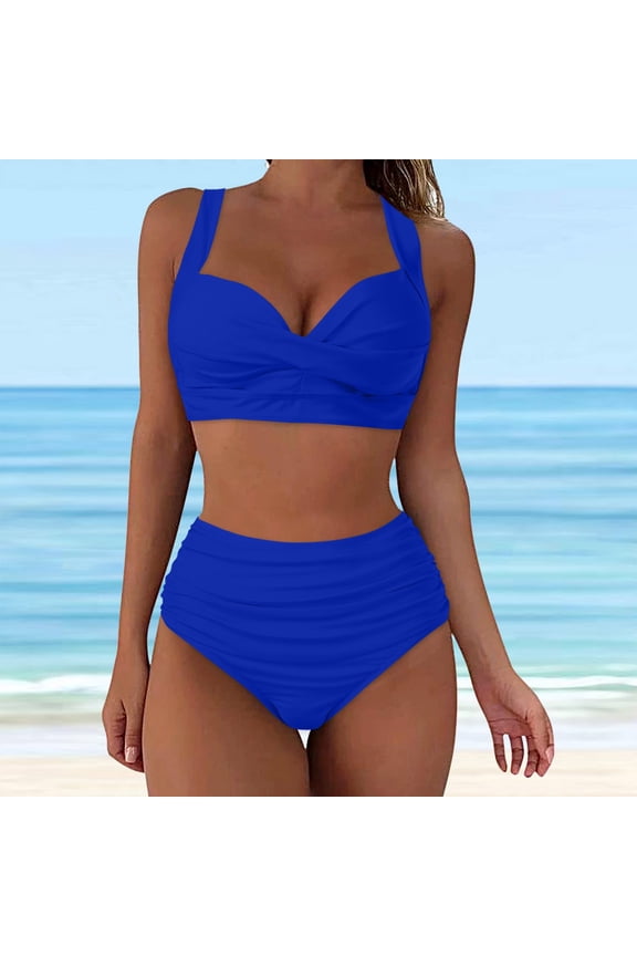 Swim Suits for Women 2024, Women Vintage Swimsuit Two Piece Retro Halter Ruched High Waist Print Bikini Set, Bikini Sets for Women, High Waisted Bikini Sets for Women Blue M