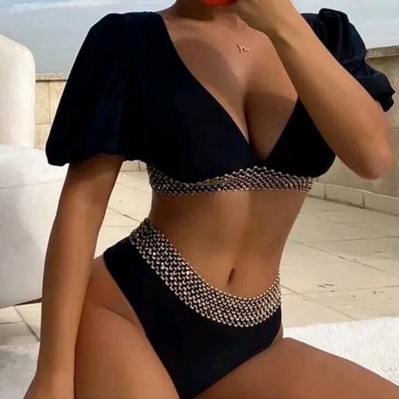 Baqcunre Swim Suits for Women 2024, Womens Fashion Solid Color Split Triangle High Waist Half Sleeve Bikini Swimsuit, Bikini Sets for Women, High Waisted Bikini Sets for Women Black M