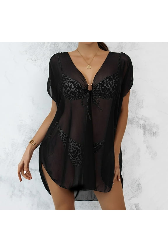 Swimsuit Coverup for Women, Women Ruffle Trim Sheer Beach Drawstring One Shoulder Cover Up Dress, Swim Suits for Women 2024, Cover Ups for Swimwear Women Black XL