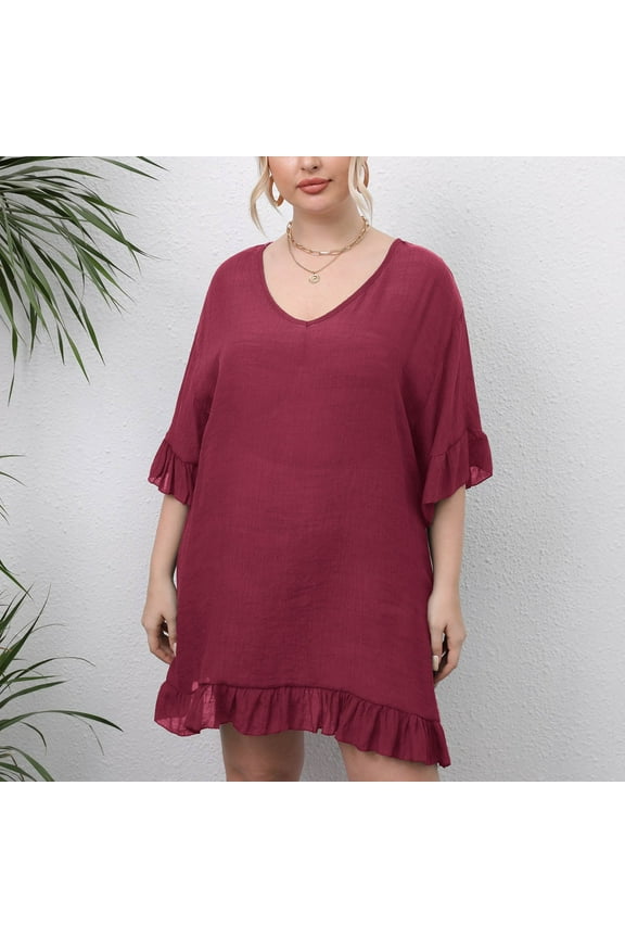 Swimsuit Coverup for Women, Women Seethrough Plus Size Bathing Suit Cover Up Casual Backless Beach Cover Ups with Ruffled Cuffs, Swim Suits for Women 2024, Cover Ups for Swimwear Women Red