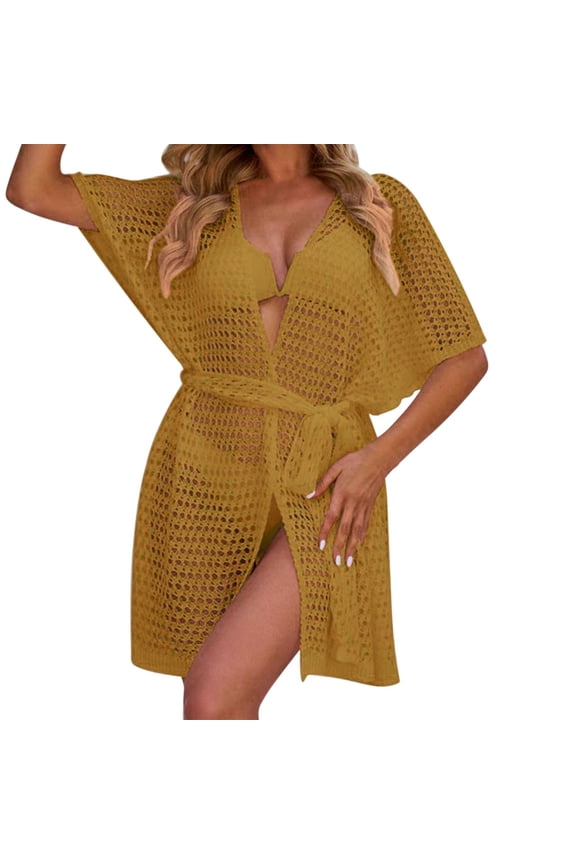 Swimsuit Coverup for Women, Women's Hollowed Out Knitted Cardigan Sunscreen Smock Beach Dress, Long Sleeved Swimsuit, Swim Suits for Women 2024, Cover Ups for Swimwear Women Yellow M