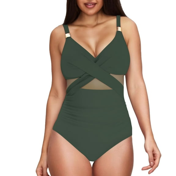 Baqcunre Swimwears One Pieces, Swimsuit Metal Modest Bathing Suit Slimming Full Coverage Mesh Swim Suits Green XL