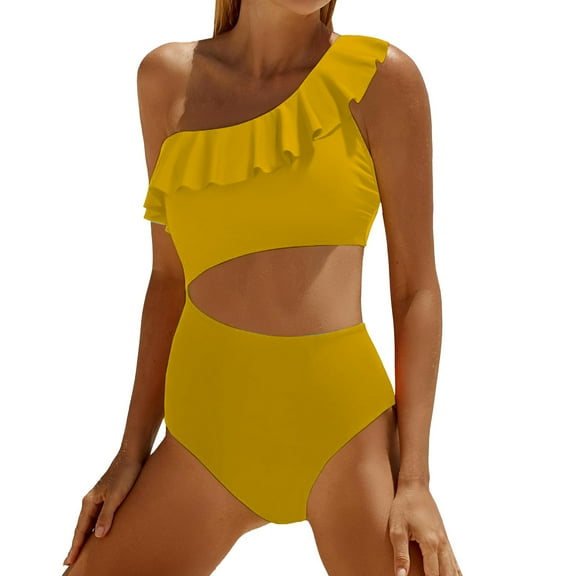 Baqcunre Swimwears One Pieces, Women Cutout Swimsuits One Shoulder Ruffle Cut Out Bathing Suit Swimwear Monokini 2025 Gold L