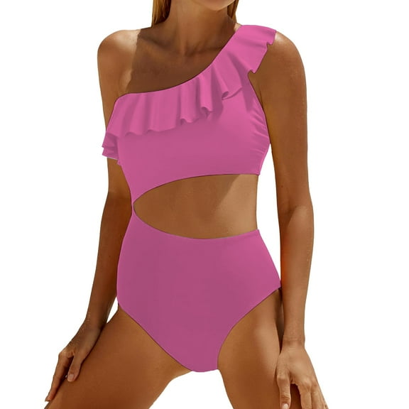 Baqcunre Swimwears One Pieces, Women Cutout Swimsuits One Shoulder Ruffle Cut Out Bathing Suit Swimwear Monokini 2025 Pink XL