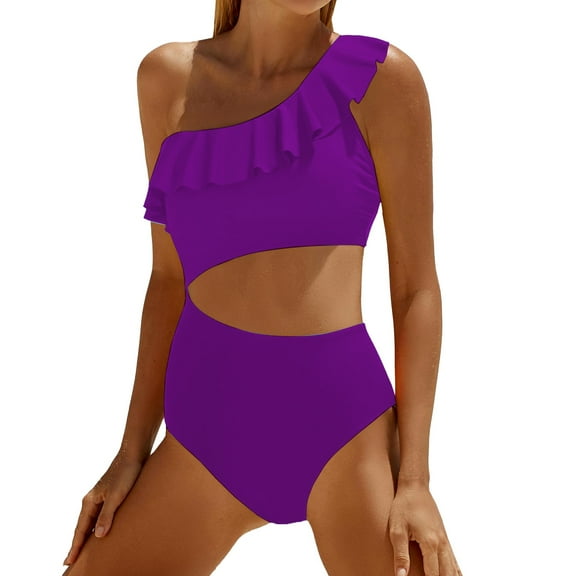 Baqcunre Swimwears One Pieces, Women Cutout Swimsuits One Shoulder Ruffle Cut Out Bathing Suit Swimwear Monokini 2025 Purple XS