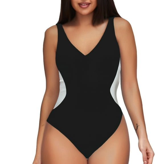 Baqcunre Swimwears One Pieces, Women's Swimsuit Slimming Bathing Suit Deep V Neck Color Block Back Swimwear Black L