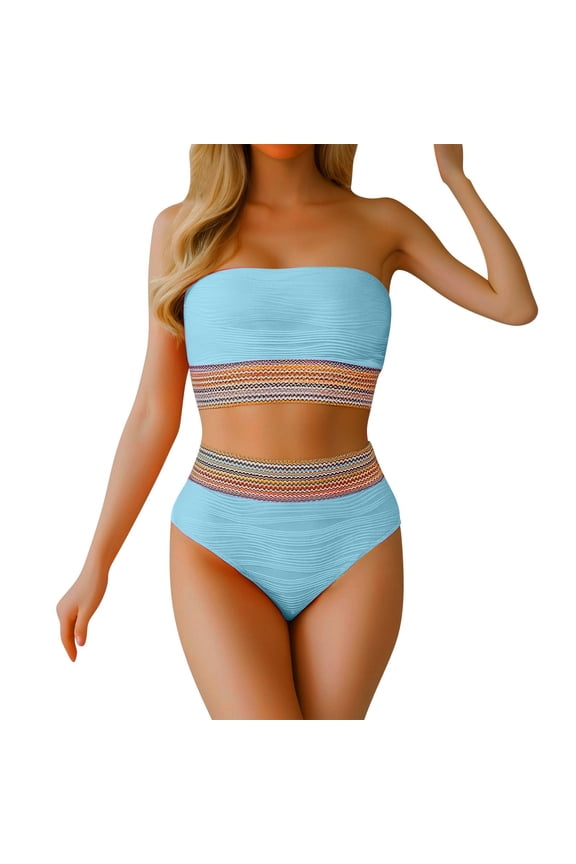 Bikini Sets for Women, High Waisted Bandeau Bikini Set Women Strapless Two Piece Swimsuits Ribbed Full Coverage Bra Bathing Suits Swimwear, Women's Swimwear One Set Light Blue XL