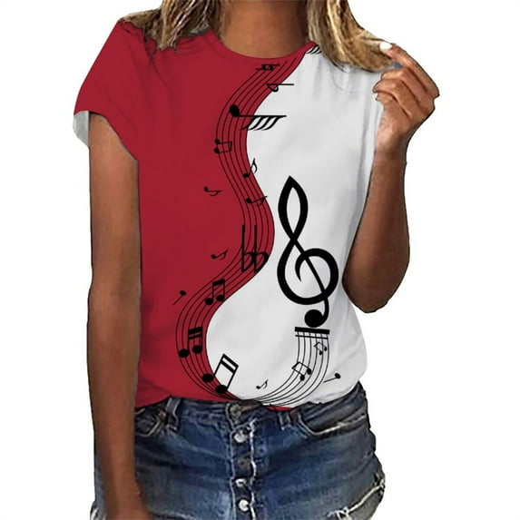 Baqcunre T Shirts For Women Shirts For Women Vintage Musical Note Print Tees T Shirt Gift Shirt Top Womens Short Sleeve Tops Womens Tops Red M
