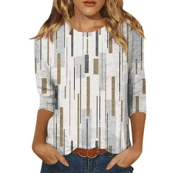 Baqcunre T Shirts For Women Women Summer Tops Round Neck Three Quarter Sleeve Comfortable Print T Shirt Blouse Womens Fall Tops Sweatshirt For Women White S