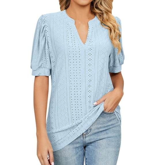 Baqcunre T Shirts For Women Women'S Casual Summer V Neck Solid Color Hollow Bubble Short Sleeve Loose T Shirt Top Workout Tops For Women Womens Blouses Blue S