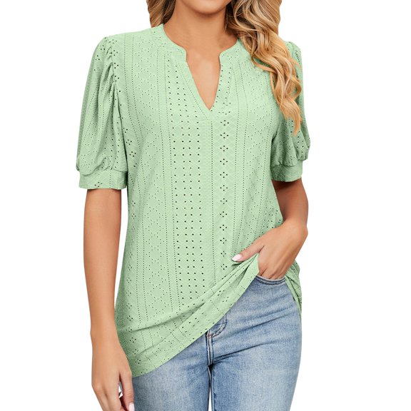 Baqcunre T Shirts For Women Women'S Casual Summer V Neck Solid Color Hollow Bubble Short Sleeve Loose T Shirt Top Workout Tops For Women Womens Blouses Green XXL
