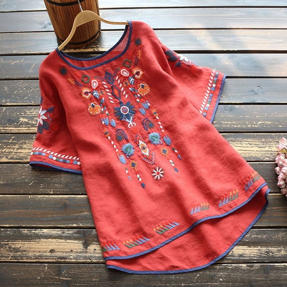 Baqcunre T Shirts For Women Women'S National Style Retro Embroidery Round Neck Cotton Loose Short Sleeved T Shirt Tunic Tops Womens Blouses Red L
