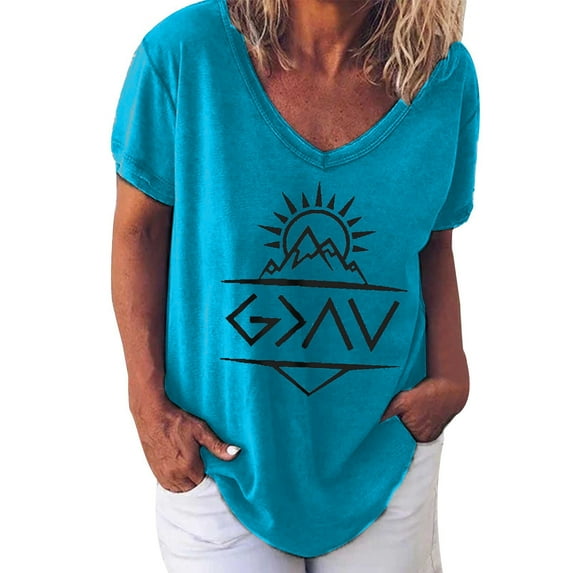 Baqcunre T Shirts For Women Women'S Printed V Neck Short Sleeve T Shirt Womens Tops Womens Blouses Blue S