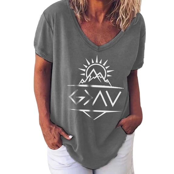 Baqcunre T Shirts For Women Women'S Printed V Neck Short Sleeve T Shirt Womens Tops Womens Blouses Grey L