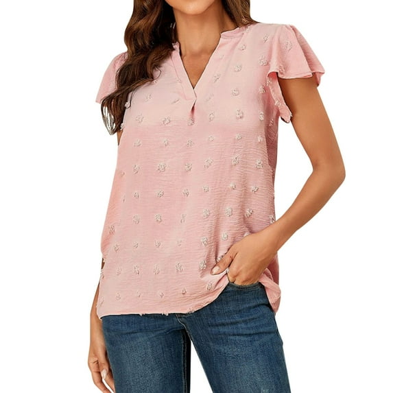 Baqcunre T Shirts For Women Women'S Summer Blouses V Neck Ruffle Short Sleeve Top Summer Shirts Dots Elegant Chiffon Blouse Workout Tops For Women Womens Blouses Pink M