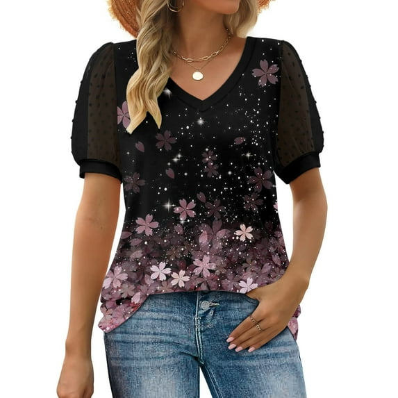 Baqcunre T Shirts For Women Womens Casual Flower Printed T Shirt V Neck Chiffon Short Sleeve Top Mesh Top Womens Blouses Pink XL