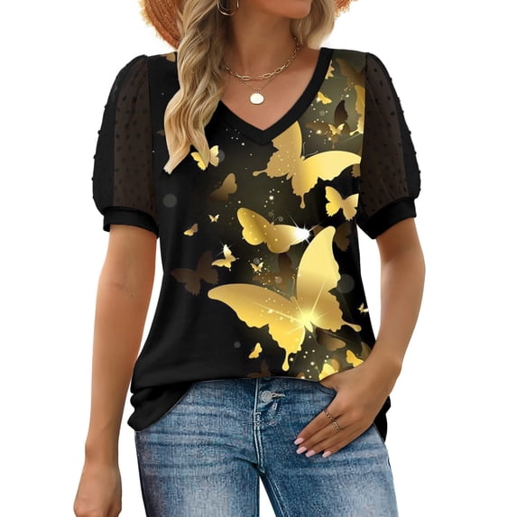 Baqcunre T Shirts For Women Womens Casual Flower Printed T Shirt V Neck Chiffon Short Sleeve Top Mesh Top Womens Blouses Yellow S
