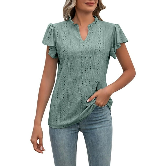 Baqcunre T Shirts For Women Womens Casual V Neck Solid Color Short Sleeve Tee Shirt With Ruffle Hem Tops Women'S Tops Graphic Tees For Women Green L
