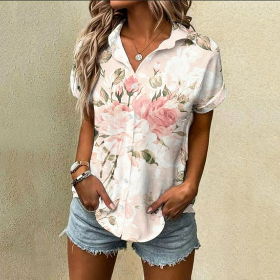 Baqcunre T Shirts For Women Womens Spring Summer Flower Printed Short Sleeve V Neck Shirt Top Blouse Womens Shirts Womens Blouses Pink L