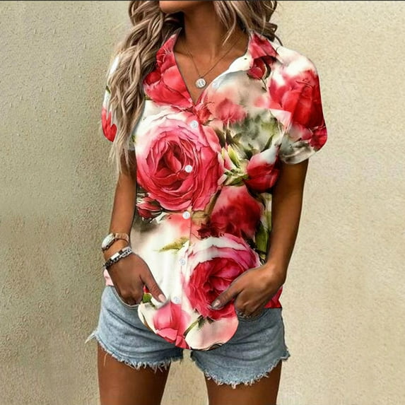 Baqcunre T Shirts For Women Womens Spring Summer Flower Printed Short Sleeve V Neck Shirt Top Blouse Womens Shirts Womens Blouses Red XL