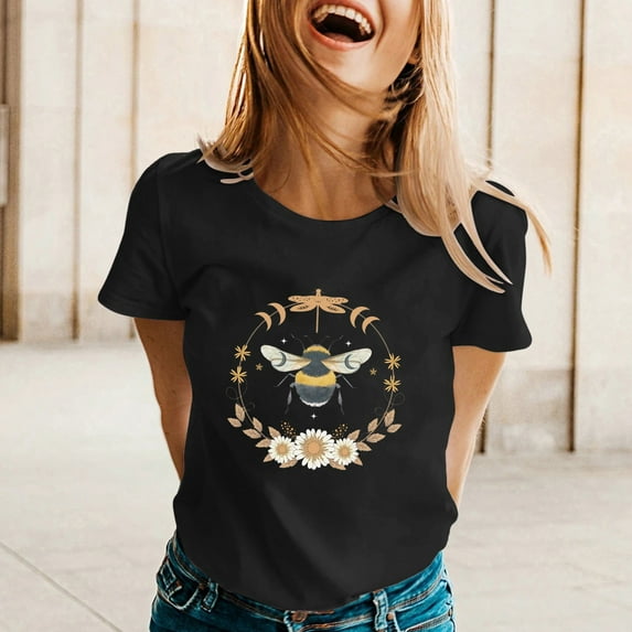 Baqcunre T Shirts For Women Womens Spring Summer Printed Short Sleeve O Neck T Shirt Top Tunic Tops Womens Blouses Black L