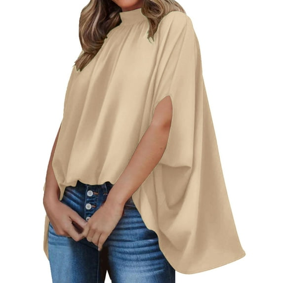 Baqcunre T Shirts For Women Womens Stand Neck Loose Sleeve Short Sleeve Summer Top Loose High And Low Hem Casual Large Shirt Top Workout Tops For Women Womens Blouses Beige 3XL