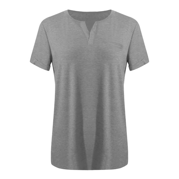 Baqcunre T Shirts for Women Ladies Top V Neck Fashion Solid Color Short Sleeve Pocket Loose T Shirt Womens Tops Going Out Tops for Women Womens Shirts Grey L