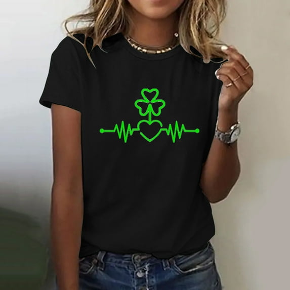 Baqcunre T Shirts for Women,Lucky Grass Patten for Womens Fashion Casual Short Sleeved Tee Shirt Tops,St. Patrick's Day Shirts for Women Womens Tops,Graphic Tees for Women Black S-XXL