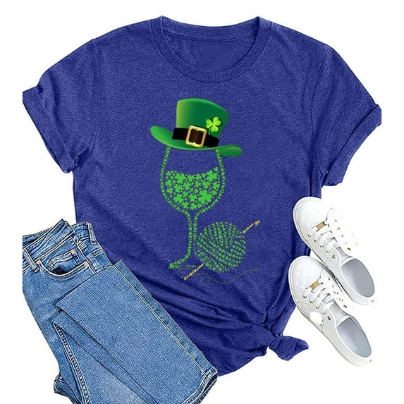 Baqcunre T Shirts for Women,Wine Glass Print Round Neck Short Sleeve T Shirt Top,St. Patrick's Day Shirts for Women Womens Tops,Graphic Tees for Women Blue S-3XL
