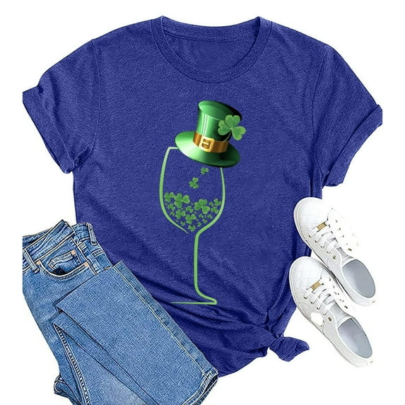 Baqcunre T Shirts for Women,Wine Glass Print Round Neck Short Sleeve T Shirt Top,St. Patrick's Day Shirts for Women Womens Tops,Graphic Tees for Women Blue S-3XL