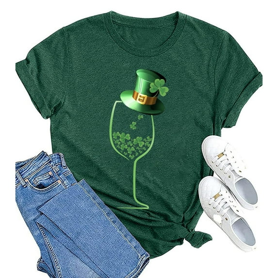 Baqcunre T Shirts for Women,Wine Glass Print Round Neck Short Sleeve T Shirt Top,St. Patrick's Day Shirts for Women Womens Tops,Graphic Tees for Women Green S-3XL