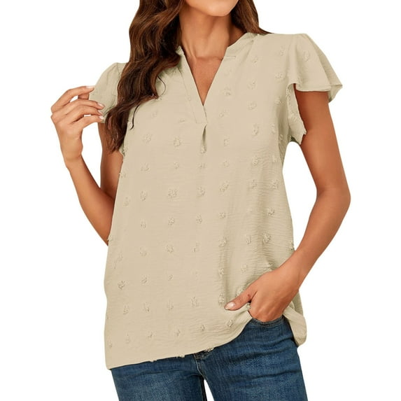 Baqcunre T Shirts For Women Women'S Summer Blouses V Neck Ruffle Short Sleeve Top Summer Shirts Dots Elegant Chiffon Blouse Workout Tops For Women Womens Blouses Beige L