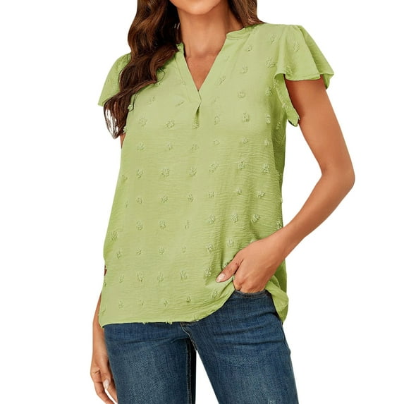 Baqcunre T Shirts For Women Women'S Summer Blouses V Neck Ruffle Short Sleeve Top Summer Shirts Dots Elegant Chiffon Blouse Workout Tops For Women Womens Blouses Green XXL