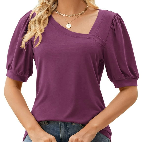Baqcunre T Shirts For Women Womens Casual Puff Sleeve T Shirts Asymmetrical V Neck Tops Loose Fit Tunic Blouses Tunic Tops Workout Tops For Women Red M