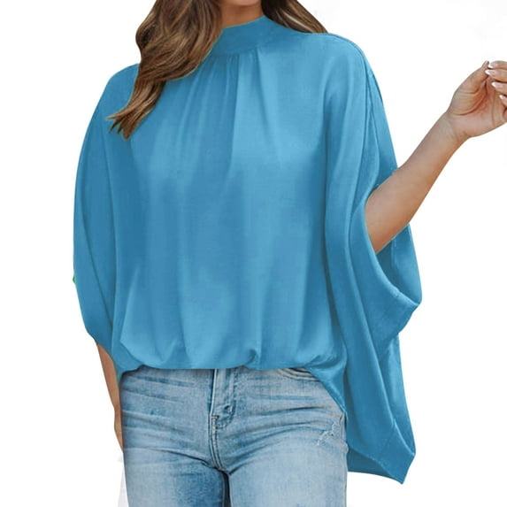 Baqcunre T Shirts For Women Womens Stand Neck Loose Sleeve Short Sleeve Summer Top Loose High And Low Hem Casual Large Shirt Top Workout Tops For Women Womens Blouses Blue XL