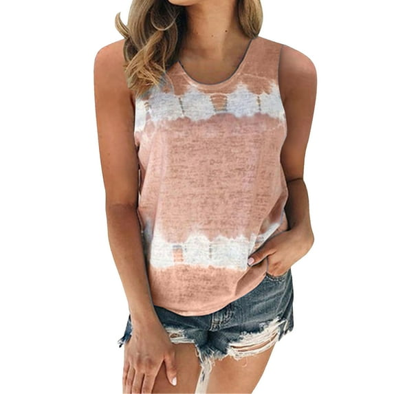 Baqcunre Tank Top For Women Womens Plus Size Daily Spring Round Neck Sleeveless Tie Dye Print Patchwork Crew Neck Tanks Tops(S 5Xl) Workout Tops For Women Tshirts Shirts For Women Pink 5XL