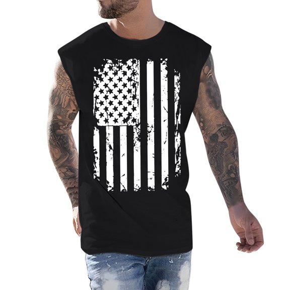 Baqcunre Tank Tops Men Male Independence Day Spring Summer Vest Print Pattern Round Neck Plus Size Comfortable Vest T-Shirts For Men Tops For Men Black L