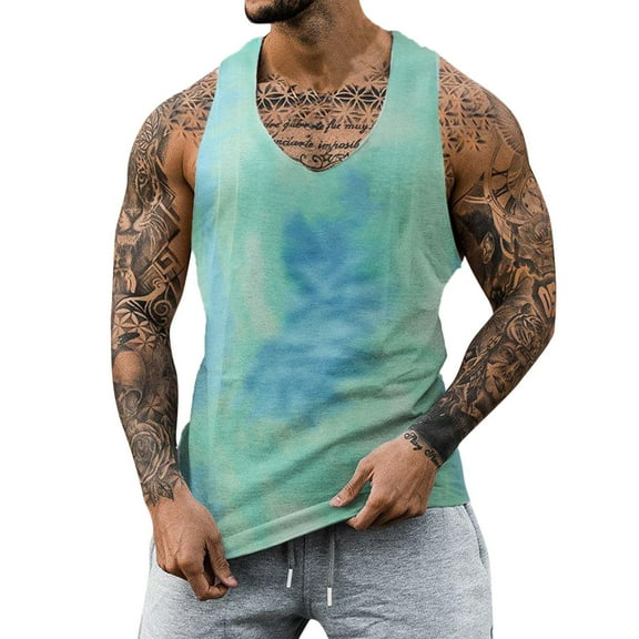 Baqcunre Tank Tops Men Male Spring And Summer Tie Dye Tank Oversized Breathable Strapless Sleeveless Top T-Shirts For Men Tops For Men Blue L
