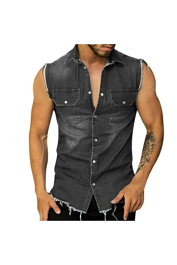 Tank Tops Men Men'S Fitted Vintage Denim Vest Sleeveless Denim Vest And Jacket Sleeveless Tshirts For Men Tops For Men Black L