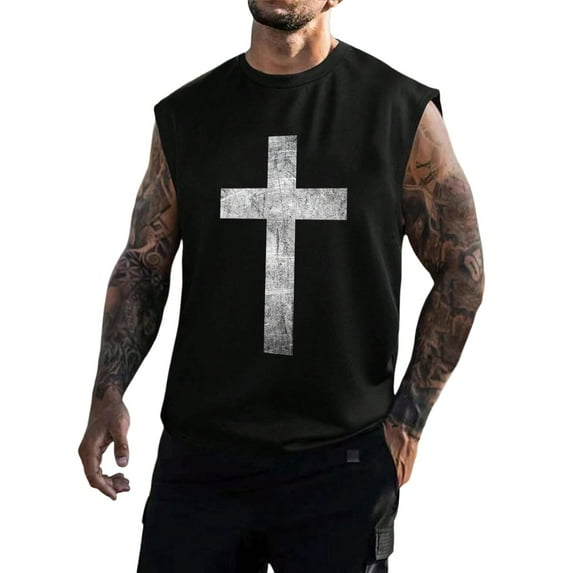 Baqcunre Tank Tops Men Mens Outdoor Fitness Loose Summer Leisure Printed Sports Hooded Tank Top Mens Sweatshirt Tops For Men Black L