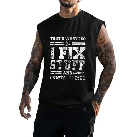 Baqcunre Tank Tops Men Mens Outdoor Fitness Loose Summer Leisure Printed Sports Hooded Tank Top Mens Sweatshirt Tops For Men Black XL