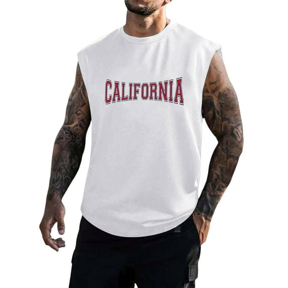 Baqcunre Tank Tops Men Mens Outdoor Fitness Loose Summer Leisure Printed Sports Hooded Tank Top Mens Sweatshirt Tops For Men White XL