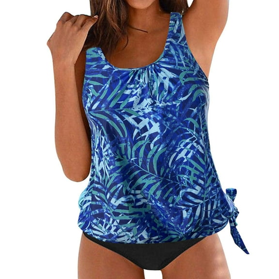 Baqcunre Swimwears Tankinis Set, Women's Tankini Retro Printed High Waisted Conservative Swimsuit Tank Top Swimsuit Blue M
