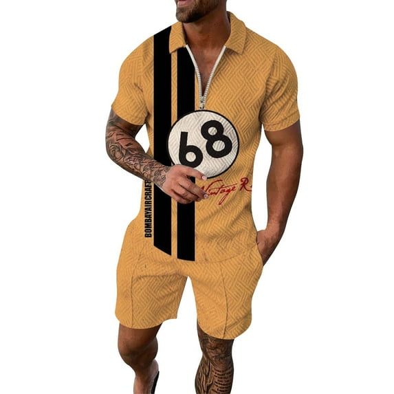 Baqcunre Track Suits For Men Set Men'S Sportswear Print Color Short Sleeve Zip Shirt Shorts Set Summer Casual Streetwear Suits Mens Outfits Tops For Men Yellow M