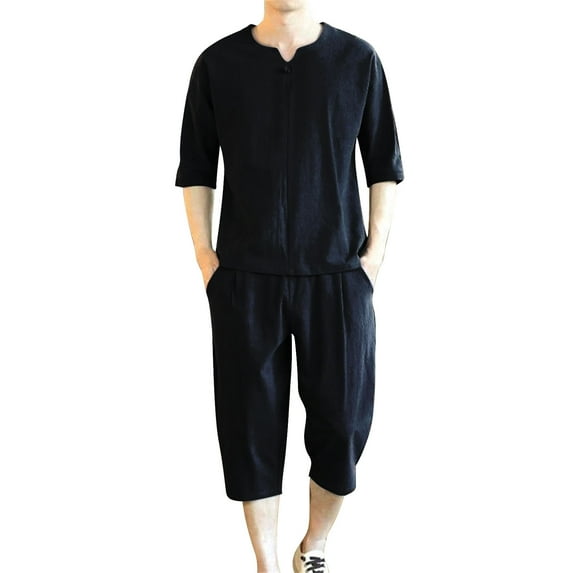 Baqcunre Track Suits For Men Set Men'S Tang Suit Short Sleeved Cane Suit Loose T Shirt Casual Two Piece Men Mens Outfits Tops For Men Black L